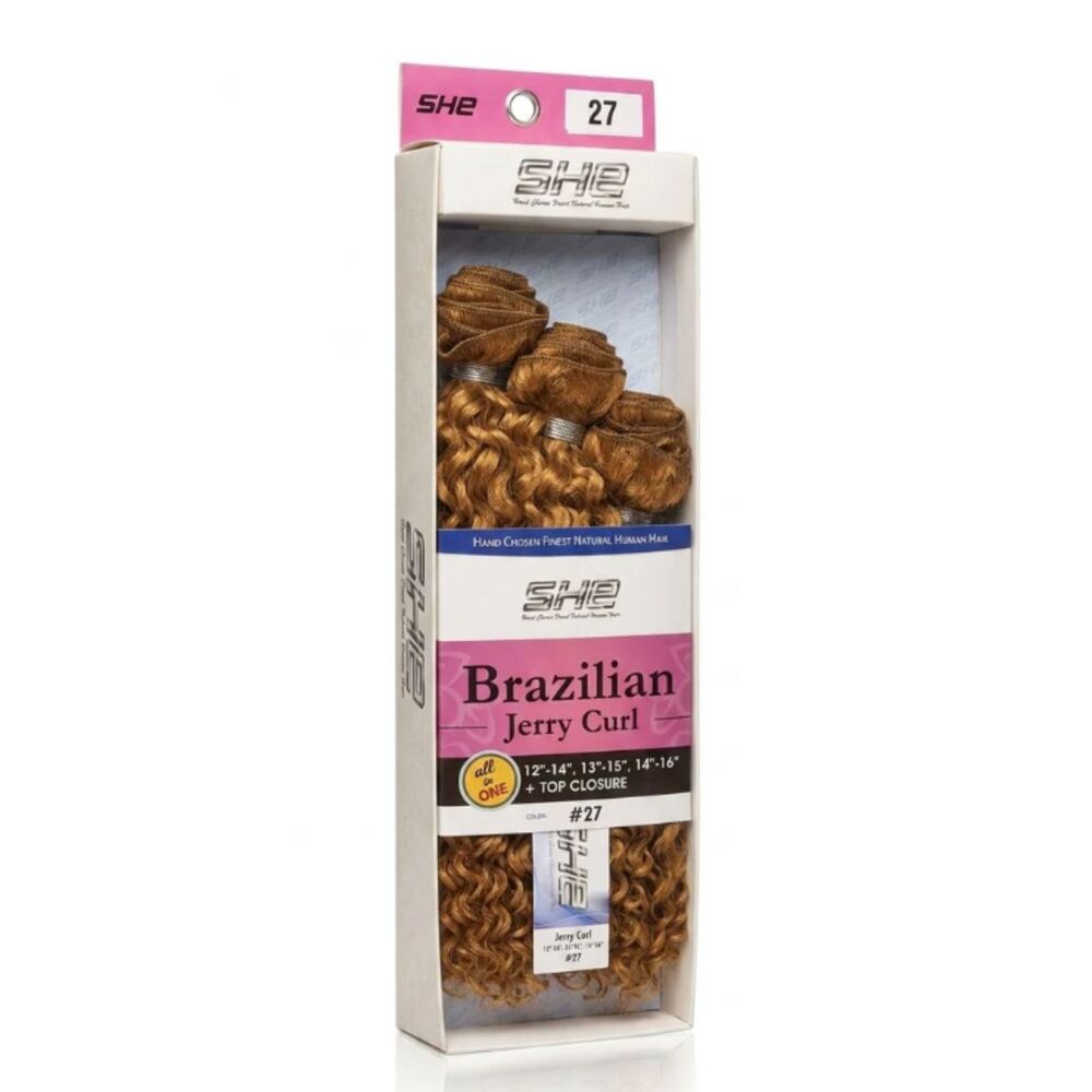 SHE Brazilian Human Hair Jerry Curl #30 3 Bundle Top Closure New In Package